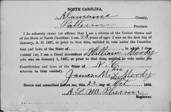 Voter registration card from Alamance County, N.C., 1902, transcribed below.