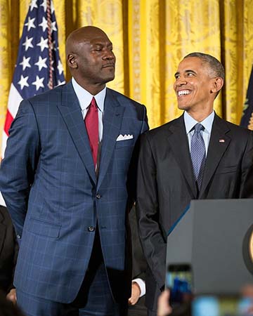 Photograph of Michael Jordan receiving the Presidential Medal of Freedom from U.S. President Barack Obama on November 23, 2016. Photo by Official White House Photographer Pete Souza, on Wikimedia Commons.