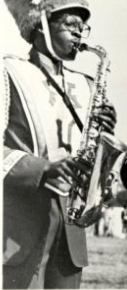 Photograph of a saxophone player in the Fayetteville State University Marching band, ca. 1980. From the yearbook the "Fayettevillian," 1980. Used courtesy of Fayetteville University and the N.C. Digital Heritage Center.