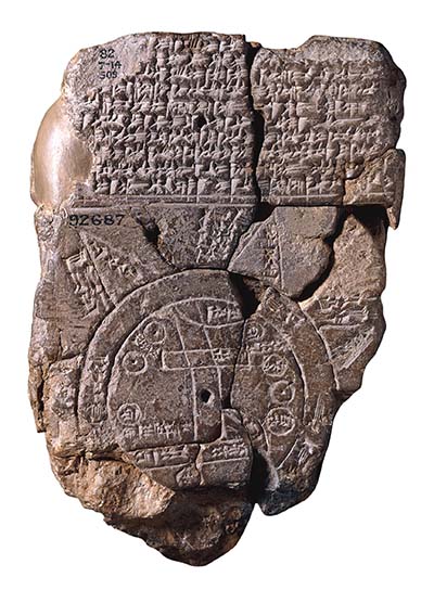 This is an image of an early Babylonian map of the known world. It was made of clay sometime around the 6th century BCE. From the collection of the British Museum.