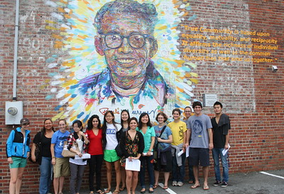 Photograph of the Pauli Murray mural on Foster Street in Durham, NC with members of a human rights activism class at Duke University, taken Fall of 2009. By Robin Kirk, Flickr.
