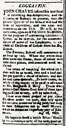 Image of John Chavis's advertisement for "Education" from the Weekly Raleigh Register, September 1, 1808.
