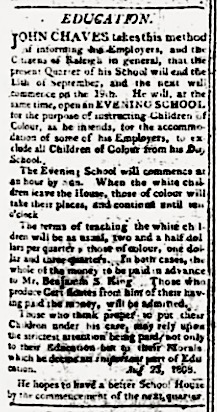 Image of John Chavis's advertisement for &quot;Education&quot; from the Weekly Raleigh Register, September 1, 1808.