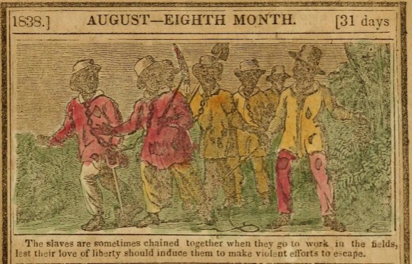 Illustration of slaves in chains, from the August 1838 edition of the American Antislavery Alamanac.