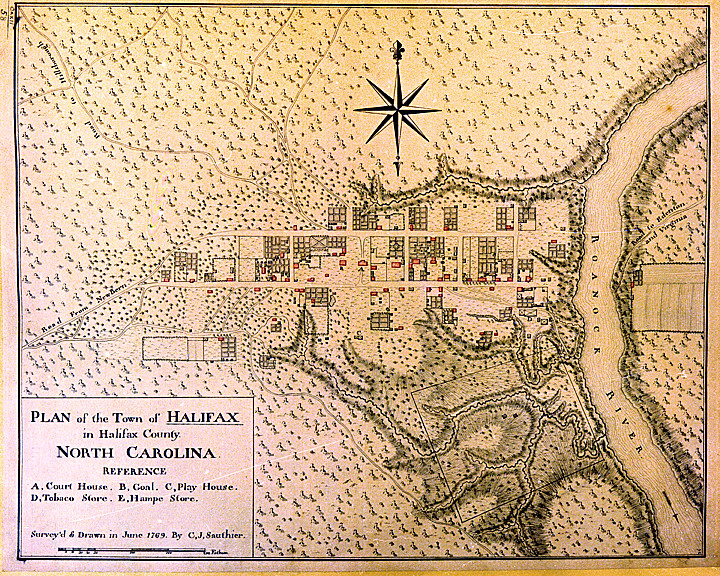 A map depicting the city plans for Halifax, NC by Sauthier.