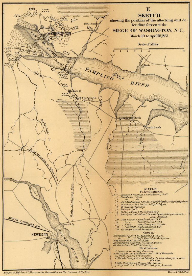 An ochre colored map depicts the seige of Washington; shows that the Pamplico River turns into the Tar River just southeast of Washington NC. Rebel troops surrounded Washington on both sides of the Tar River, as well as south of the Pamlico River.