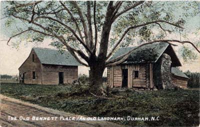 Postcard image of buildings at the Bennett Place farm, in Durham, N.C., image ca. 1910. The Bennett farm was built circa 1836. From the NC Postcards Collection, UNC-Chapel Hill.