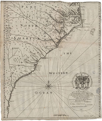 John Lawson's 1709 map of North Carolina. Features Bath, Roanoke, and other early coastal towns of North Carolina. Map courtesy of State Archives and  UNC Libraries.