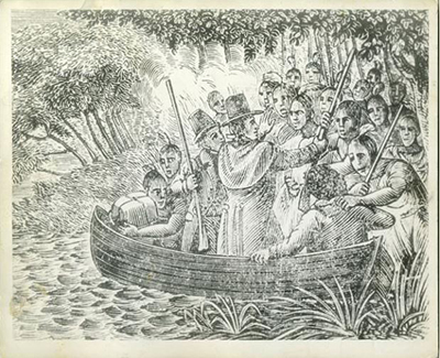 An engraving depicting of the capture of John Lawson and Baron Christoph von Graffenried as they traveled on the Neuse River by the Tuscarora Indians. Image courtesy of the North Carolina Museum of History.