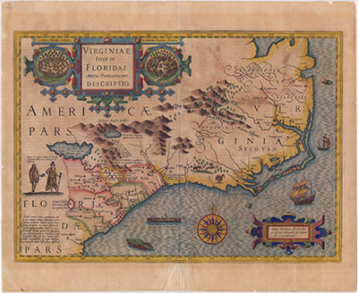 A hand-colored map based on maps created in 1590 and 1591. This map, published circa 1600, details the coast of colonial Virginia, including that which is now the coast of North Carolina. Courtesy of State Archives and UNC Libraries.