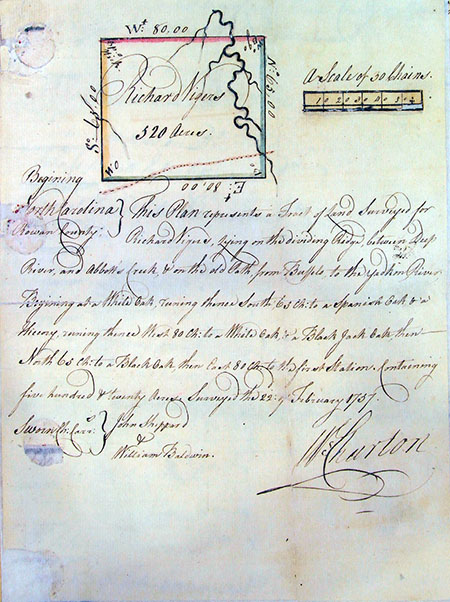Image of original Rowan County land grant from 1757, surveyed by William Churton and bearing his signature. Item CR.085.408.1, Miscellaneous Land Records, State Archives of North Carolina.