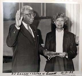 D.D. Garrett and his wife Clotea on December 5, 1988. Taking the oath of office as the first Black County Commissioner in Pitt County. From the Michael Garrett Family private collection. Used by permission.