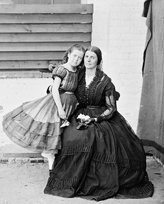 A photograph of Rose O'Neal Greenhow with her daughter in the Old Capitol prison in Washington, D.C. Image from the Library of Congress.