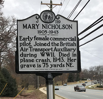 Photograph of the Mary Nicholson North Carolina Highway Historical Marker, located off New Garden Road, Greensboro, N.C. Courtesy of the N.C. Department of Natural and Cultural Resources.