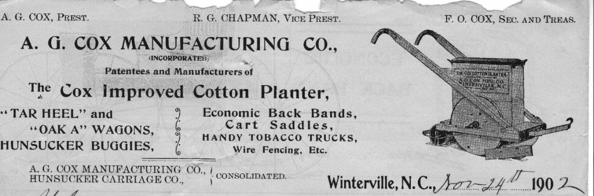 Image of the letterhead for the A.G. Cox Manufacturing Company showing a Cox plow. Used by permission.