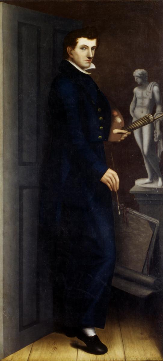 Life-size self-portrait of Daniel Welfare. The artist is dressed in a dark suit and is holding artists’ brushes in left hand. The artist has positioned himself in a doorway as if inviting visitors into his gallery. Just inside the door is a marble statue of a Greek god, possibly Apollo (the god of art and music). The brushes in the artist’s hand provide a discreet cover below the statue’s waist. Leaning up against the pedestal on which the statue stands is a portfolio tied closed with a woven tape.