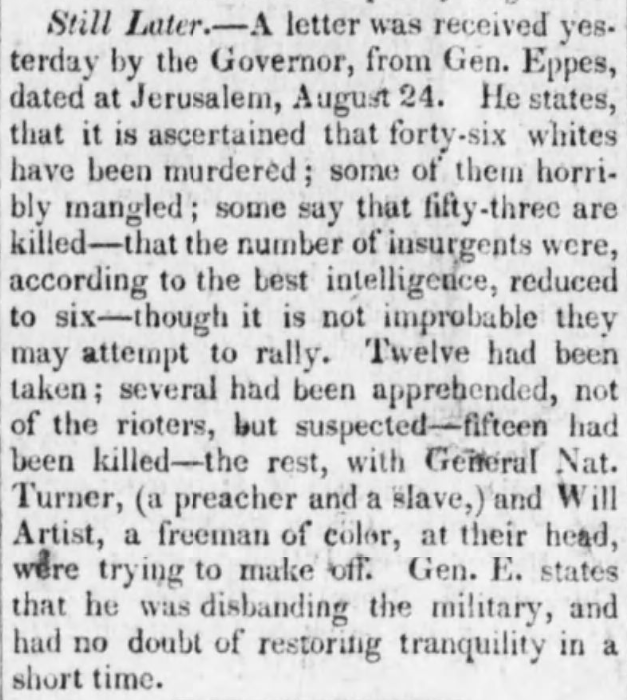 A newspaper clipping discussing the events of the Nat Turner revolt.