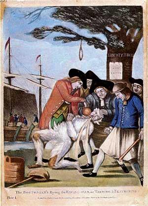 The Bostonians Paying the Excise Man, a political cartoon created by Robert Sayer and John Bennett, London publishers, in 1774.