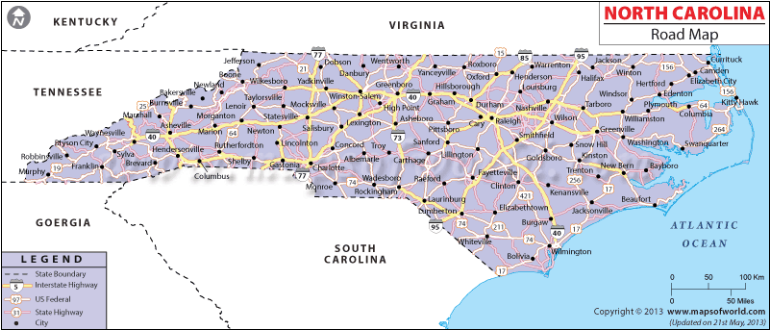 A map depicting major highways in North Carolina.