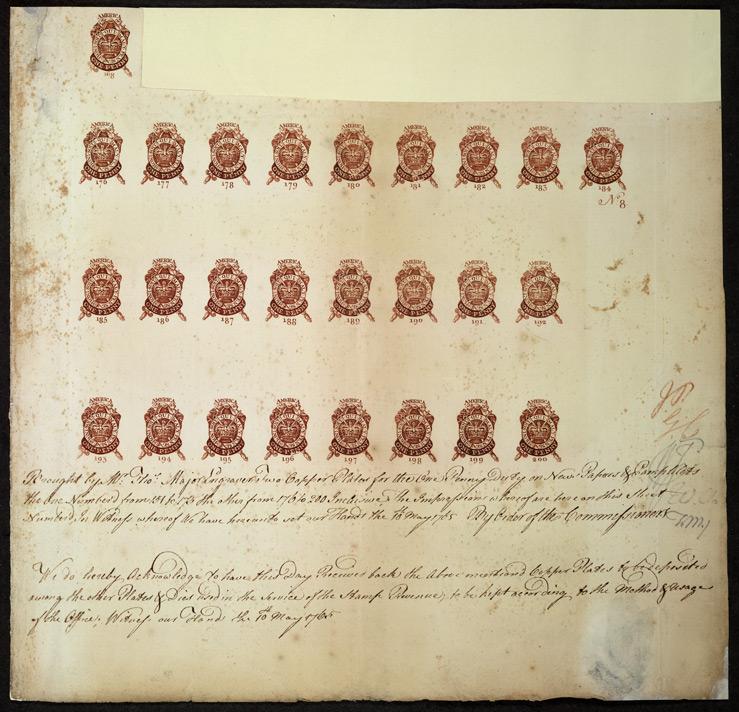 "America: Revenue 1765 Newspaper and pamphlet one penny. A proof sheet of 26, showing the registration certificate." British Library. "America: Revenue 1765 Newspaper and pamphlet one penny. A proof sheet of 26, showing the registration certificate." British Library.