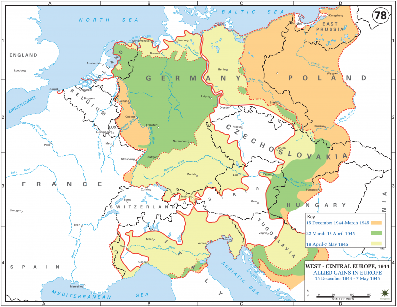 Allied gains in Europe, December 15, 1944 to May 7, 1945 A map showing cessions in German territory in 1945.