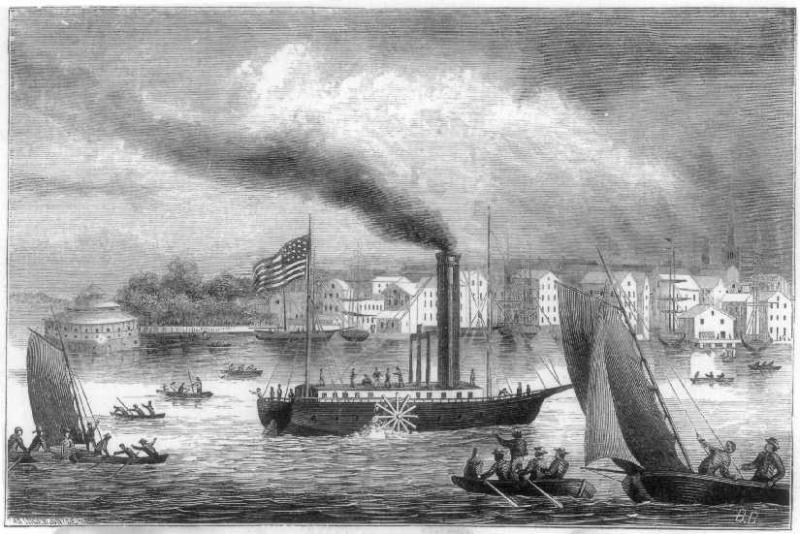 Black and white print of a steamboat in a river. It has smoke coming from its stack, and there are other boats in the water. 