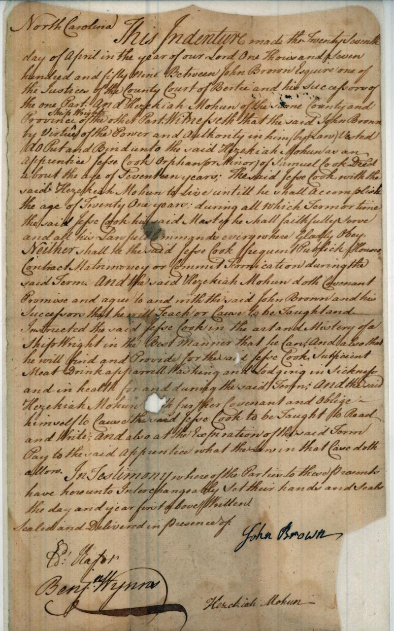 A colonial indenture contract. 