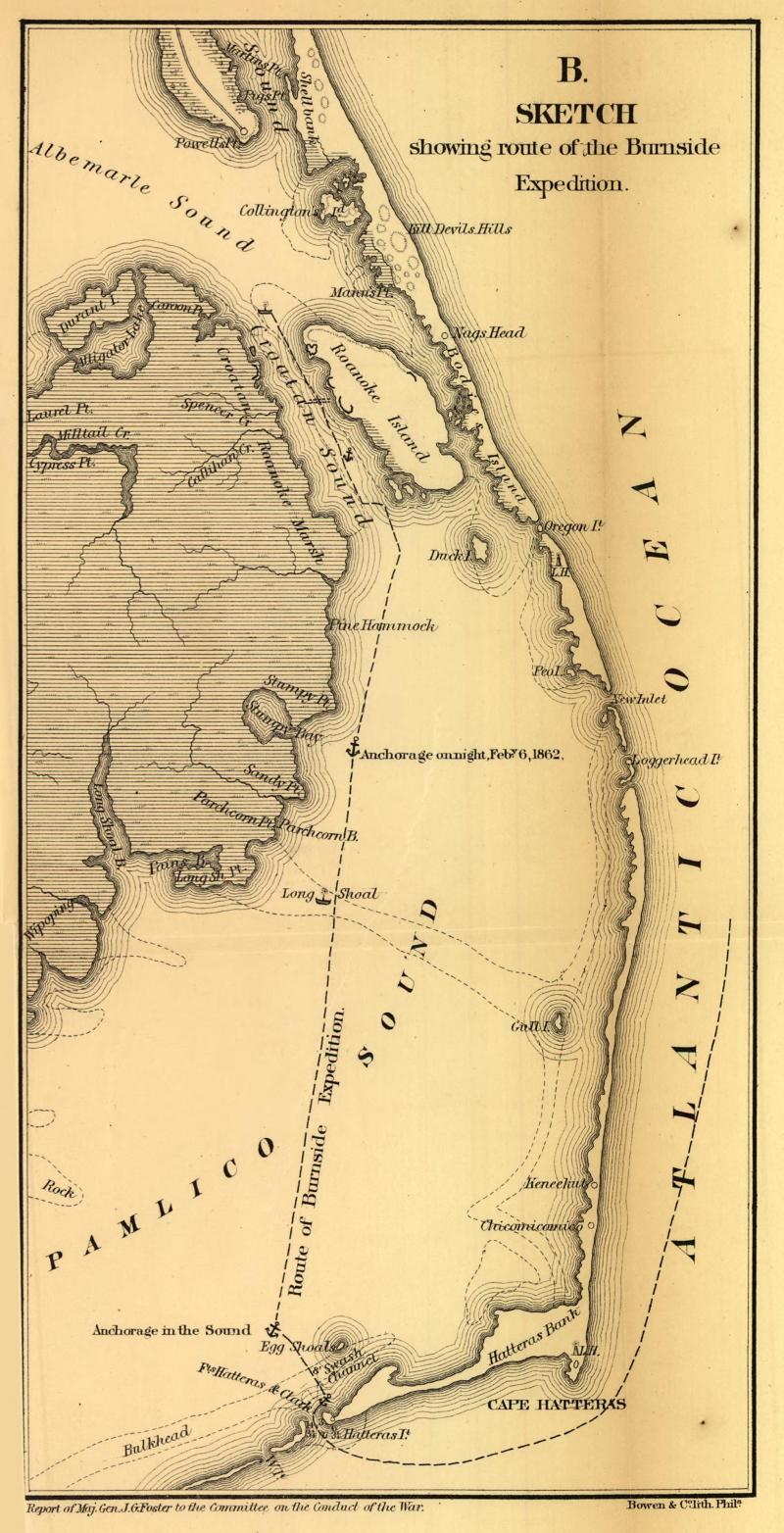 Map depicting strategy of Union invasion. It displays the outer Banks of NC, with the plans marking the invasion as landing in the northern Outer banks from the Albemarle sound. 