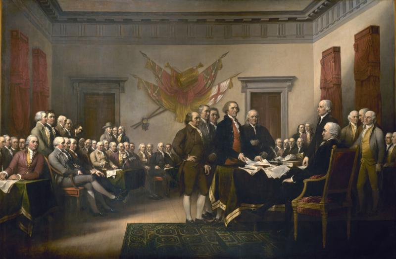 Declaration of Independence, by John Trumbull. Finished in 1818, Trumbull's 12 foot by 18 foot painting depicted the moment in 1776 when the first draft of the Declaration was presented to the Second Continental Congress.