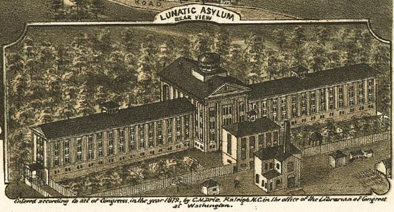 Dix Hospital, Raleigh (labeled 'Lunatic Asylum'). Printing. 