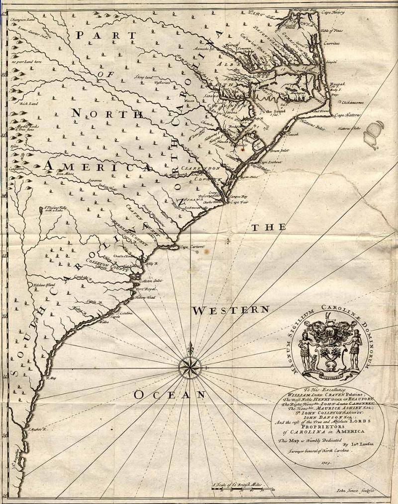 John Lawson's 1709 map of North Carolina. John Lawson's 1709 map of North Carolina.