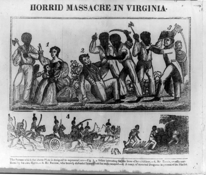 Publication depicting Nat Turner's Rebellion. Scene 1 depicts enslaved people standing over white people with weapons. A white woman has two children. Scene 2 depicts armor cavalry attacking the enslaved rebels.