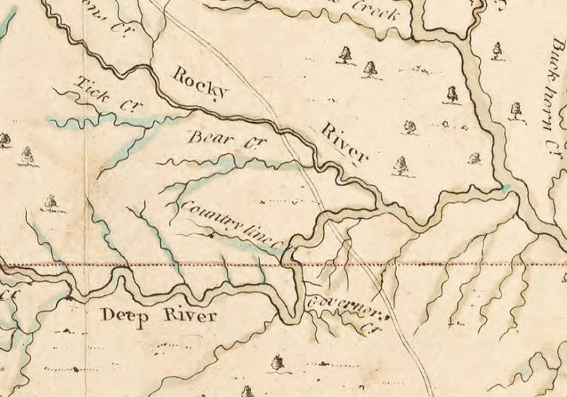 This image is an excerpt of "A Compleat map of North-Carolina from an actual survey," created by John Collett, J. Bayly, and Samuel Hooper, 1770. It was published in London, England. This excerpt shows the "horseshoe" portion of the Deep River where Philip Alston had his home. The northern section of the bend, above Governor's Creek, is the location of Carbonton, the area where Loyalist Connor Dowd had his mills, tannery, and distillery.