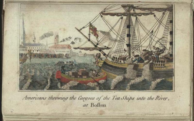 Image of W.D. Cooper's 1789 engraving of the "Americans throwing the Cargoes of the Tea Ships into the River, at Boston," 1789.  Today we refer to the event as the "Boston Tea Party."