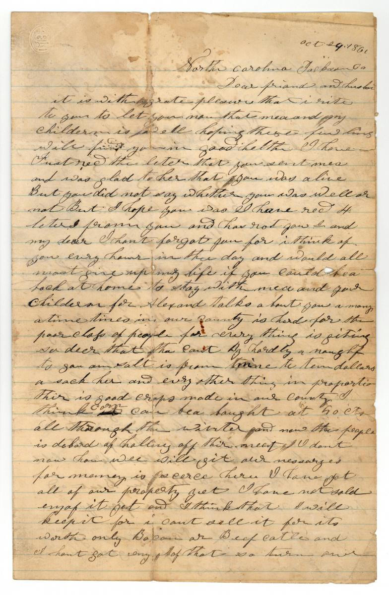 Page one of letter written from Elizabeth Watson to James Watson, October 29, 1861.