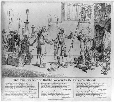 This print shows George Grenville holding a balance with scales "Debts" and "Savings." The debt far outweighs savings! Among those in line to contribute their savings is a Native American woman (representing America), she wears a yoke labeled "Taxed without representation". A representative of Great Britain sits on the far right.