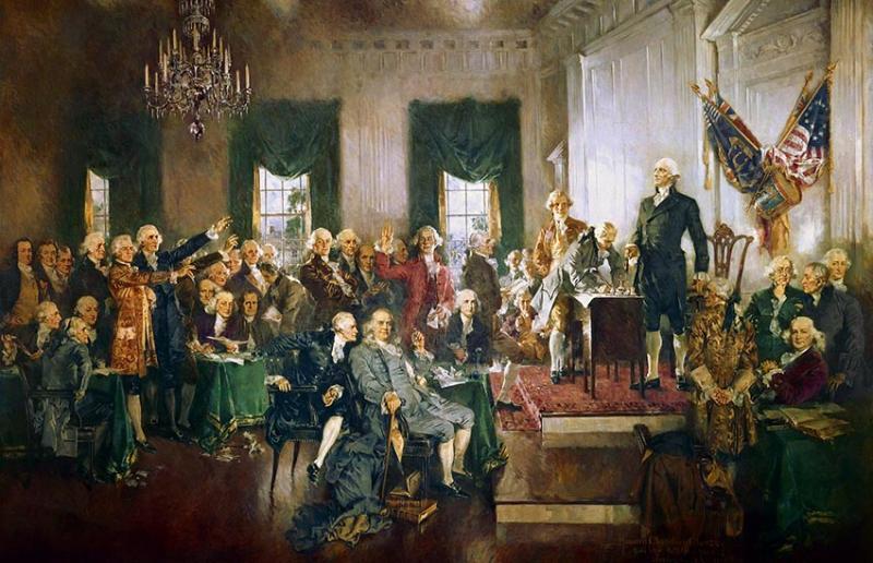 This is an image of the signing of the Constitution of the United States with George Washington presiding over the Philadelphia Convention.