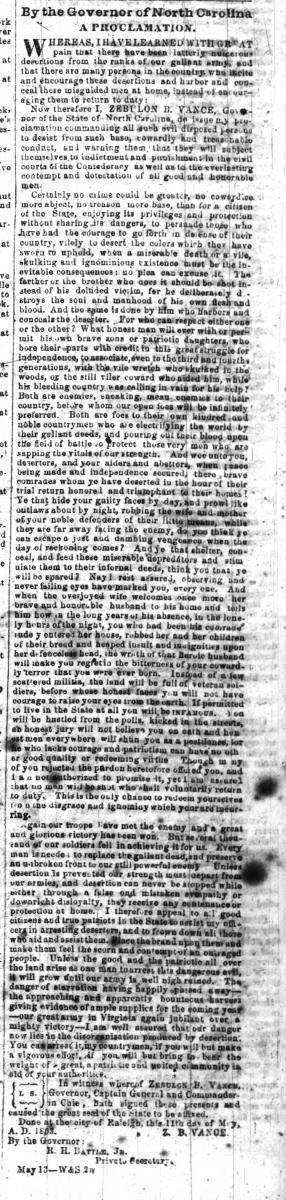 Vance's Proclamation Against Deserters as published in the Weekly Raleigh Register on May 20, 1863.