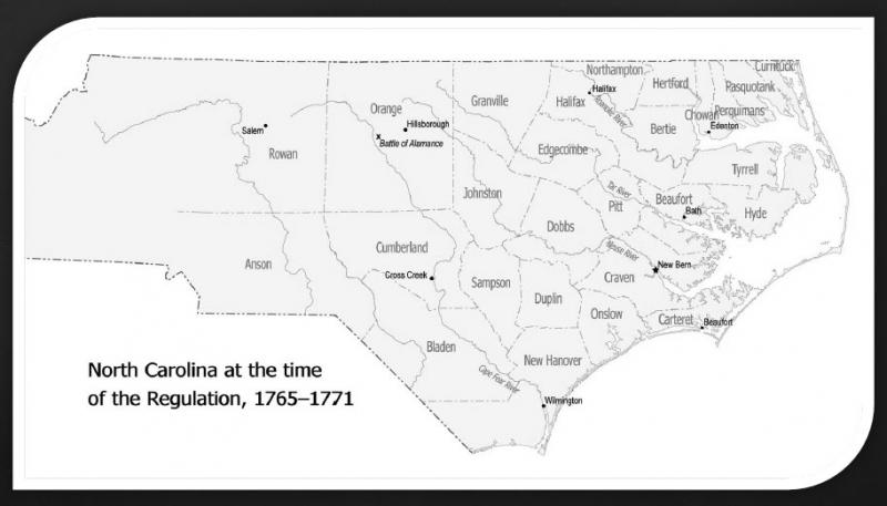 A map showing North Carolina at the time of the Regulation, 1765-1771.  From Carolina K-12, Carolina Public Humanities.