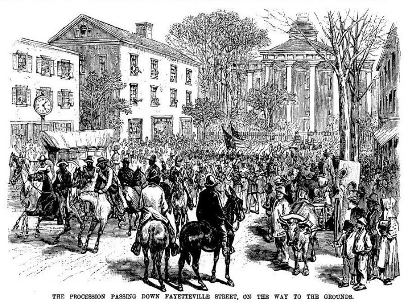 The procession passing down Fayetteville Street, on the way to the grounds. 