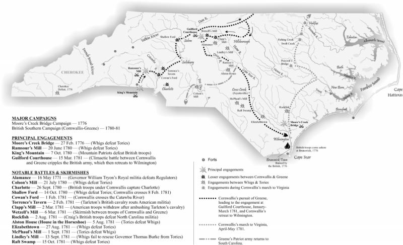 Map of N.C. in the Revolution showing major campaigns, engagements, battles & skirmishes. Created by Mark Anderson Moore, N.C. Office of Archives and History.