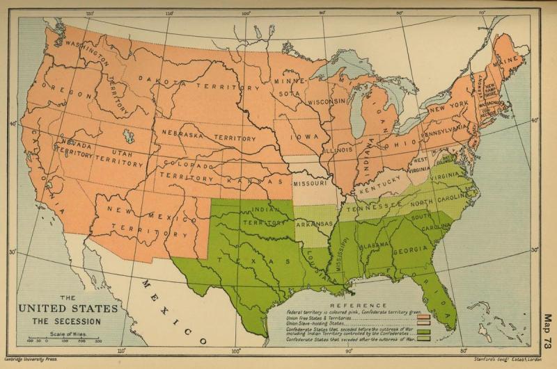 Map showing the United States during the Civil War, with color coding delineating between states that remained with the Union and those that seceded.