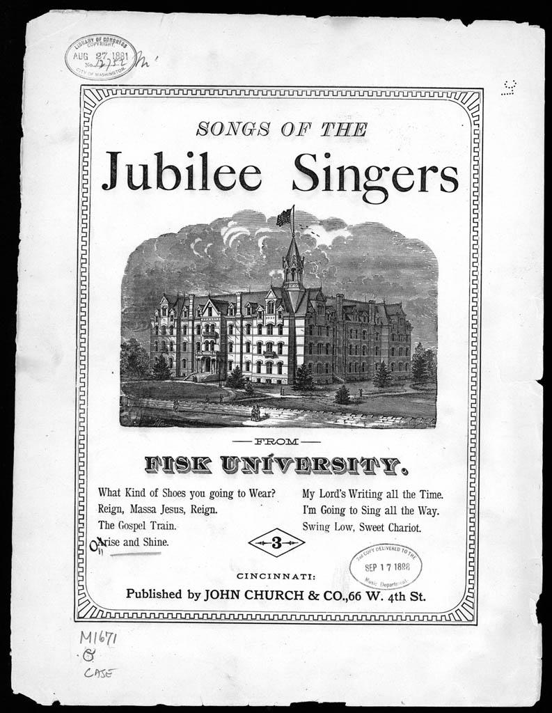 Music folio. Fisk University is depicted on the front. Black and white. Some gospel lyrics are typed on the front, such as 'Swing low, sweet chariot". 