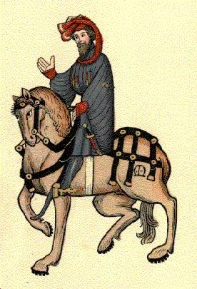 A man in armor on horseback. He has a headscarf and his horse is tan and has a brand and saddle.