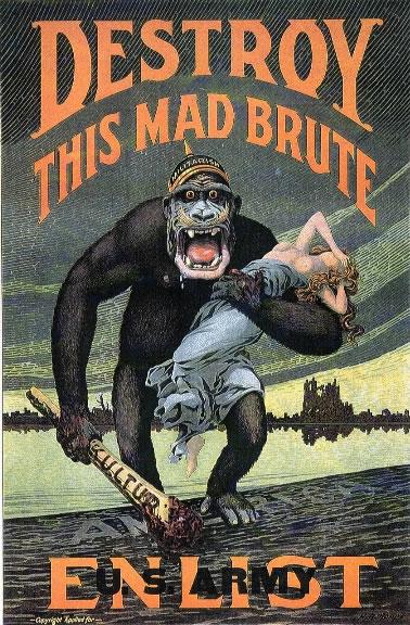 A “mad brute” — here, a giant, drooling gorilla weilding the club of German kultur (culture) and carrying the limp, half-naked body of a woman.