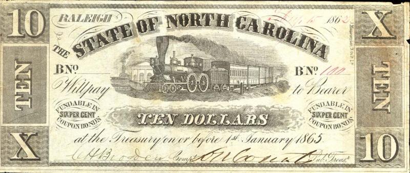 A Confederate paper money note for $10.