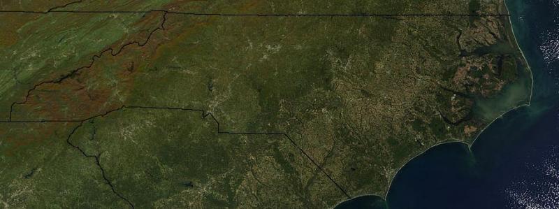 Satellite image of North Carolina. The mountains and elevation are brown.