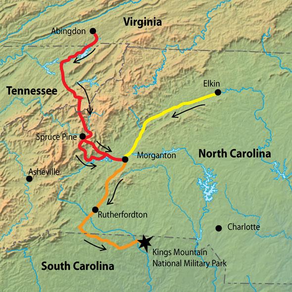 Routes to the Battle of Kings Mountain, 1780