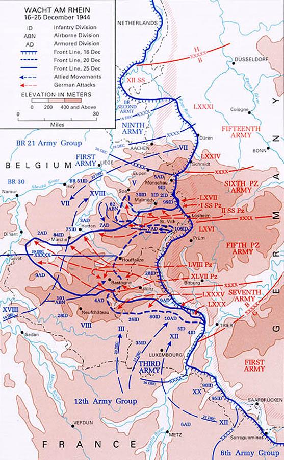 This map depicts series of German offensives on the border of France and Germany in World War 2 in December 1945. 