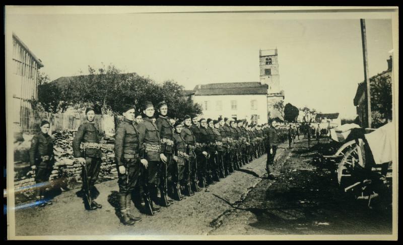Photograph of soldiers standing in line. They are on a residential street.
